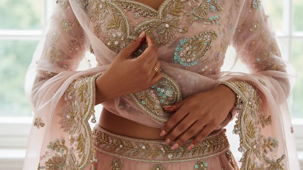 Close detail of zardozi and sequin work on pastel organza worn by an Indian woman