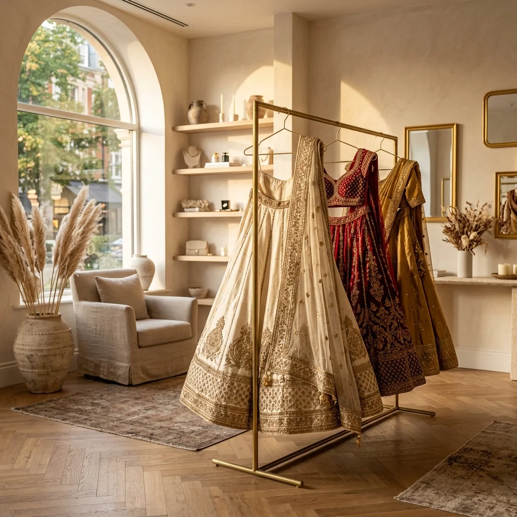 High-end fashion boutique studio interior showcasing elegant designer wear